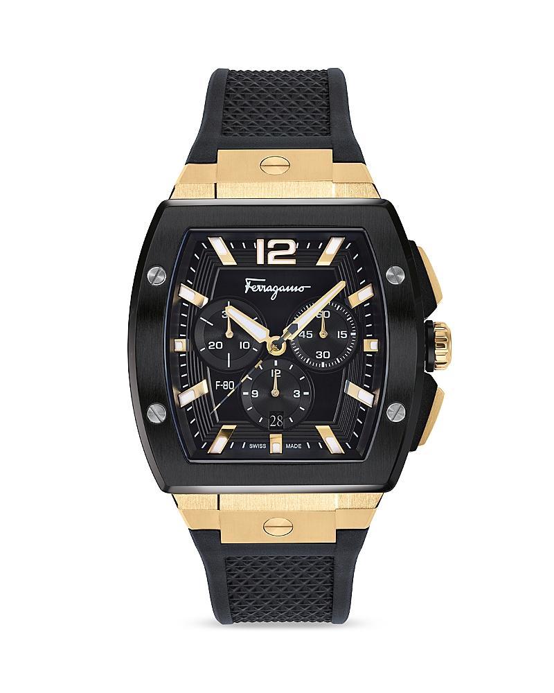 Salvatore Ferragamo Mens Swiss Chronograph F-80 Tonneau Black Silicone Strap Watch 42mm Product Image