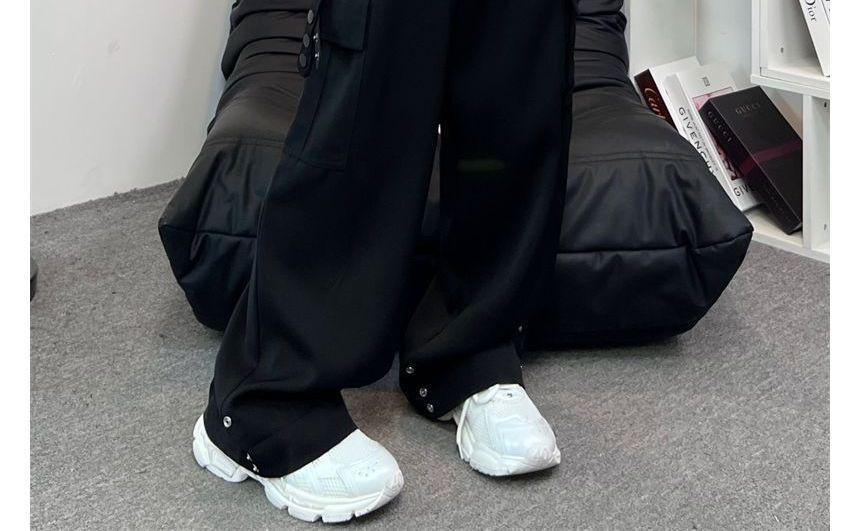 Low Rise Plain Drawstring Wide Leg Cargo Pants Product Image