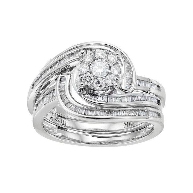 10k White Gold 3/4 Carat T.W. Diamond Swirl Engagement Ring Set, Womens Product Image