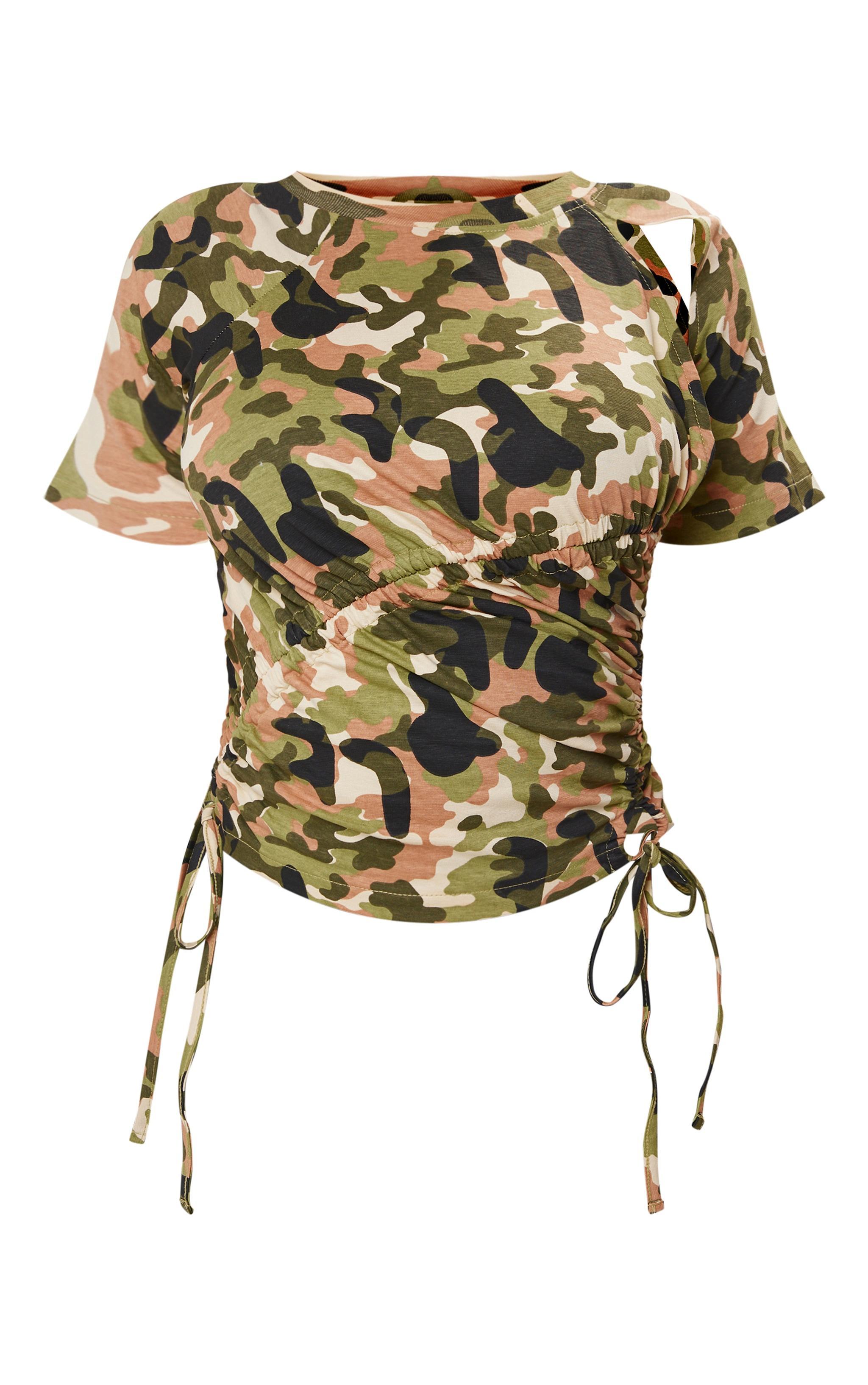 Shape Green Cotton Camo Print Cut Out Ruched Top Product Image