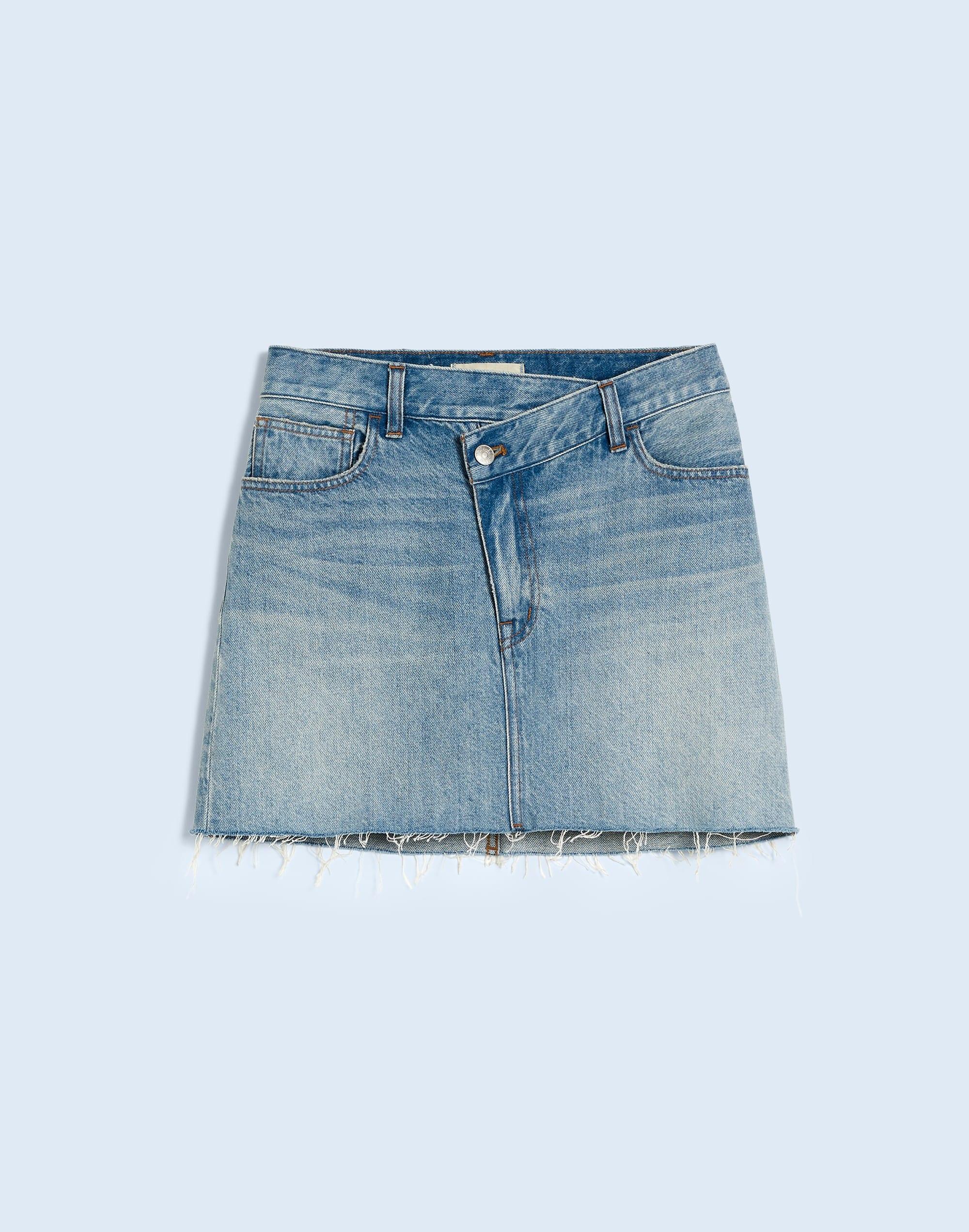 Denim Crossover-Waist Mini Skirt in Ladson Wash Product Image