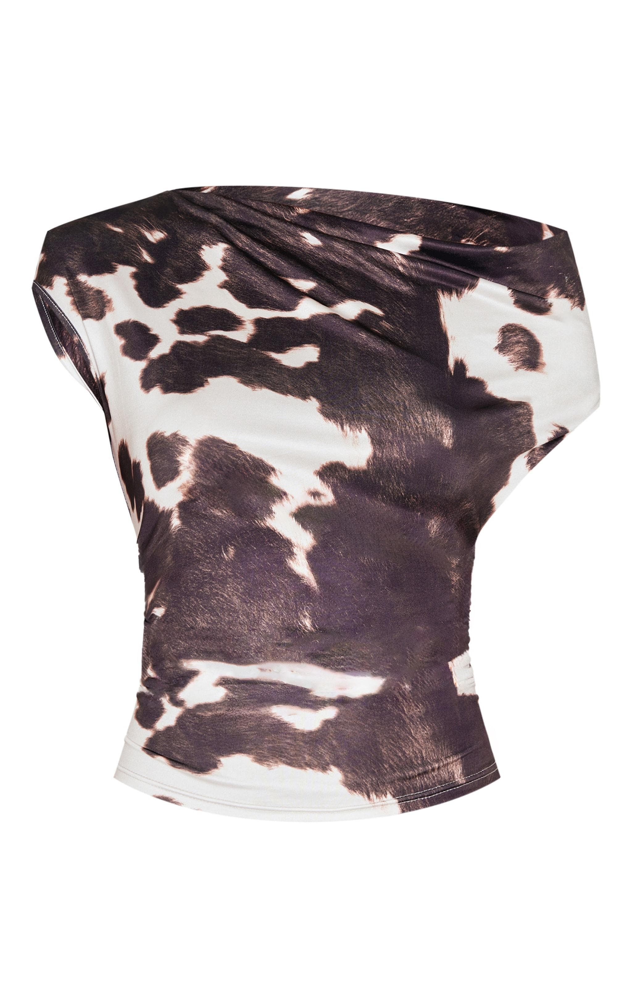 Brown Slinky Backless Cow Print Asymmetric Long Top Product Image