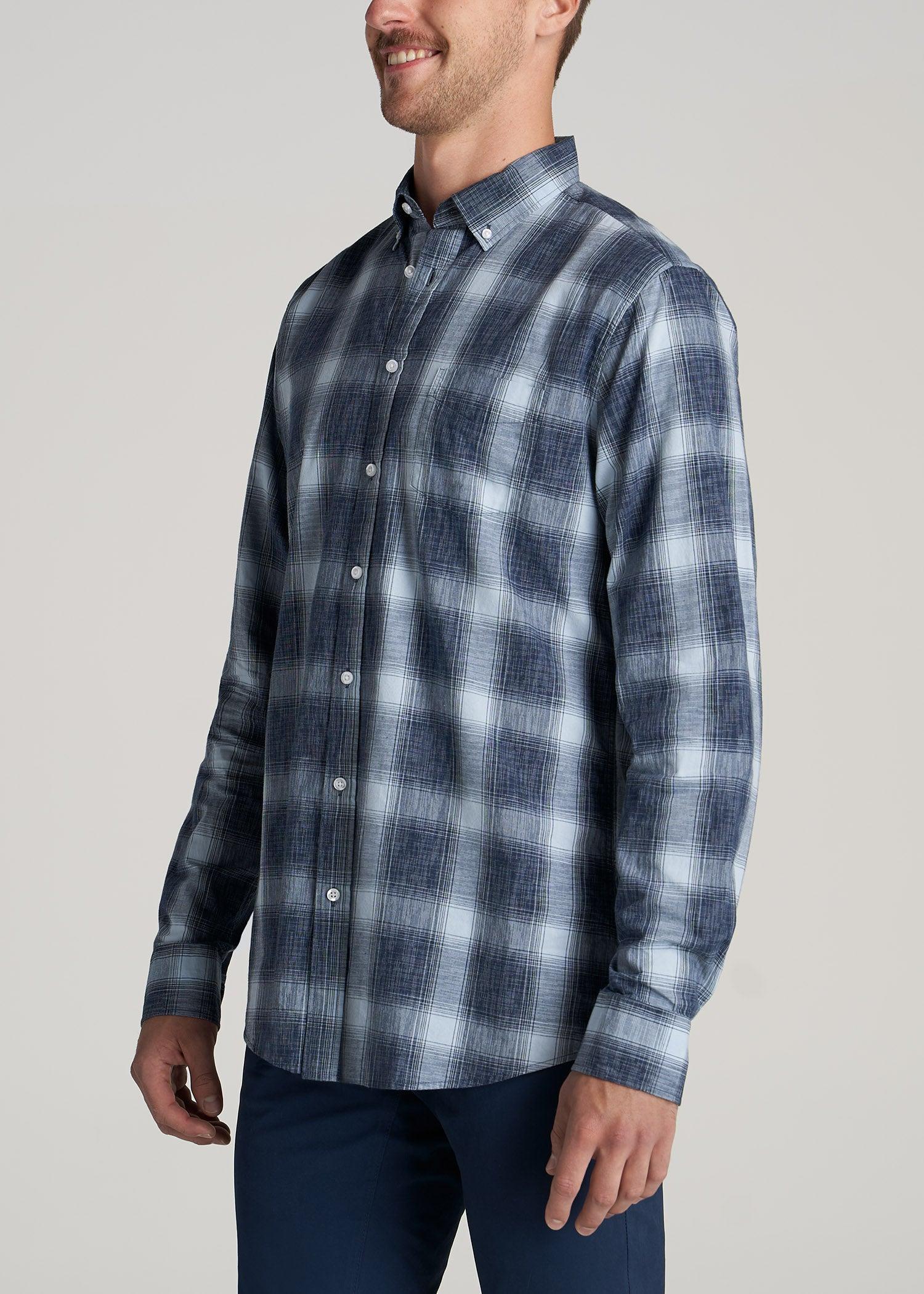 Soft-Wash Button-Up Shirt for Tall Men in Blues Plaid Male Product Image