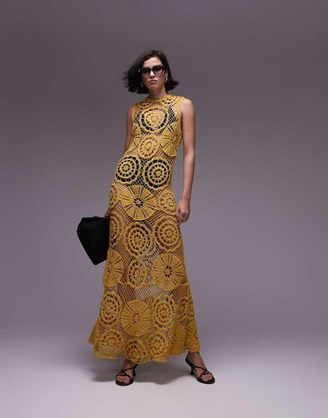 Topshop knitted crochet sleeveless maxi dress in mustard Product Image