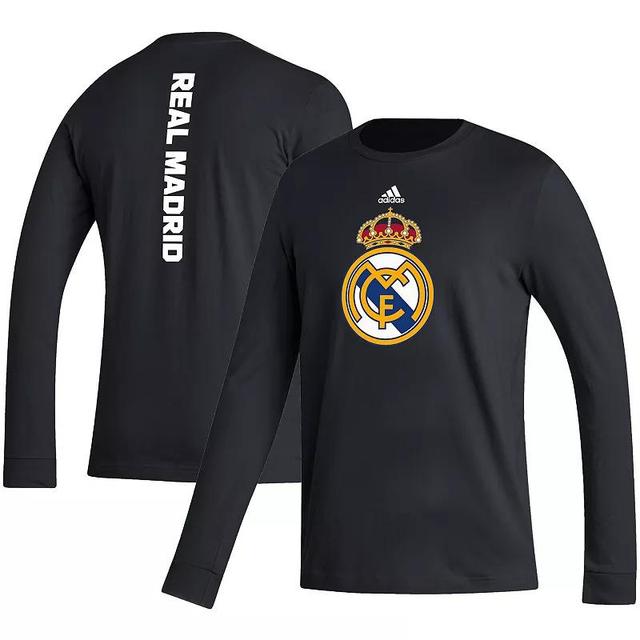 Mens adidas Black Real Madrid Vertical Wordmark Long Sleeve T-Shirt Product Image