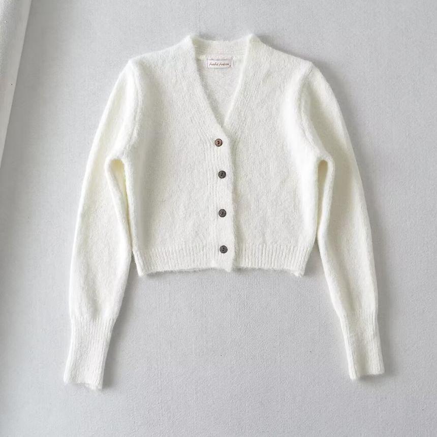 V-Neck Plain Button Cropped Cardigan Product Image