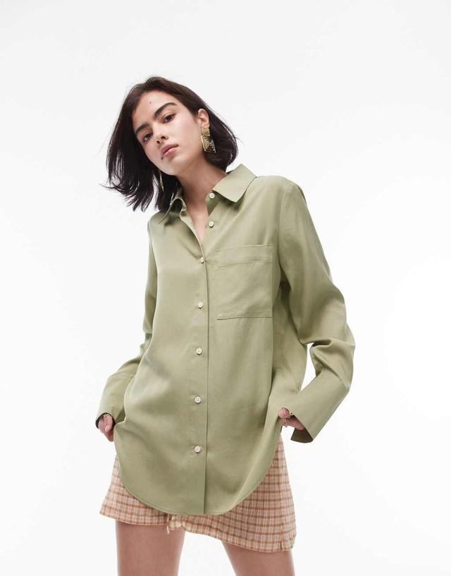 Topshop oversized shirt with contrast buttons in khaki Product Image