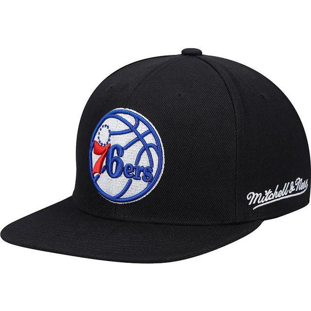 Mens Mitchell & Ness Black Philadelphia 76ers English Dropback Snapback Hat Product Image