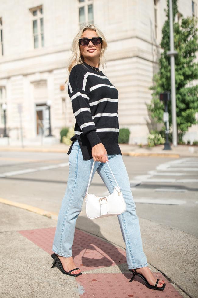 Crushing On You Black And Ivory Striped Crew Neck Sweater FINAL SALE Product Image