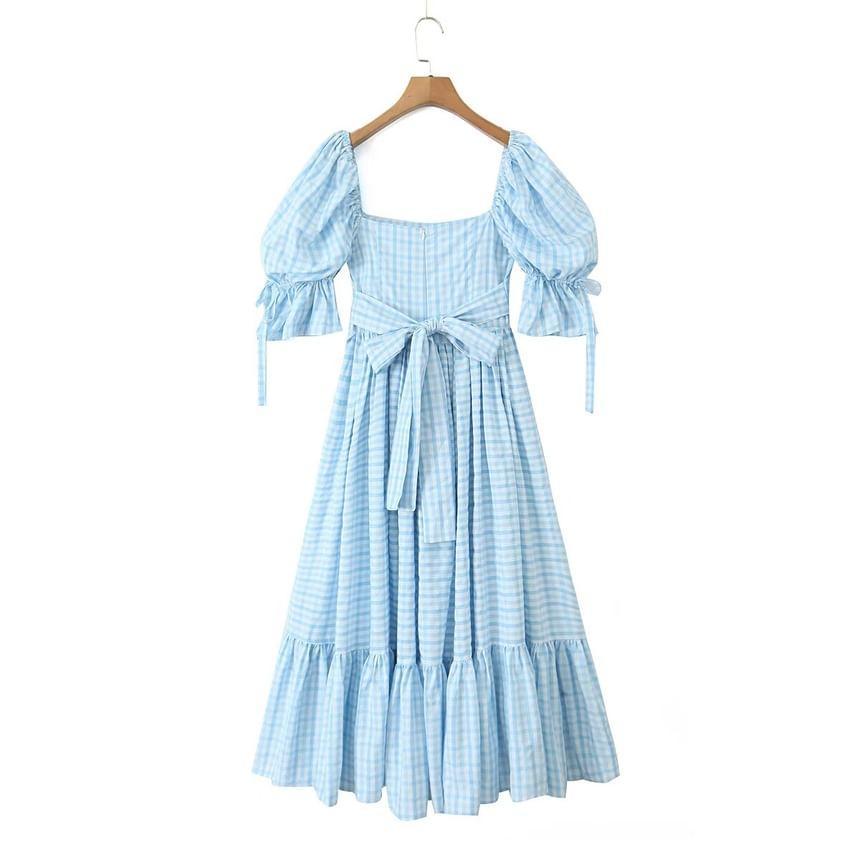 Short-Sleeve Square Neck Plaid Maxi A-Line Dress Product Image