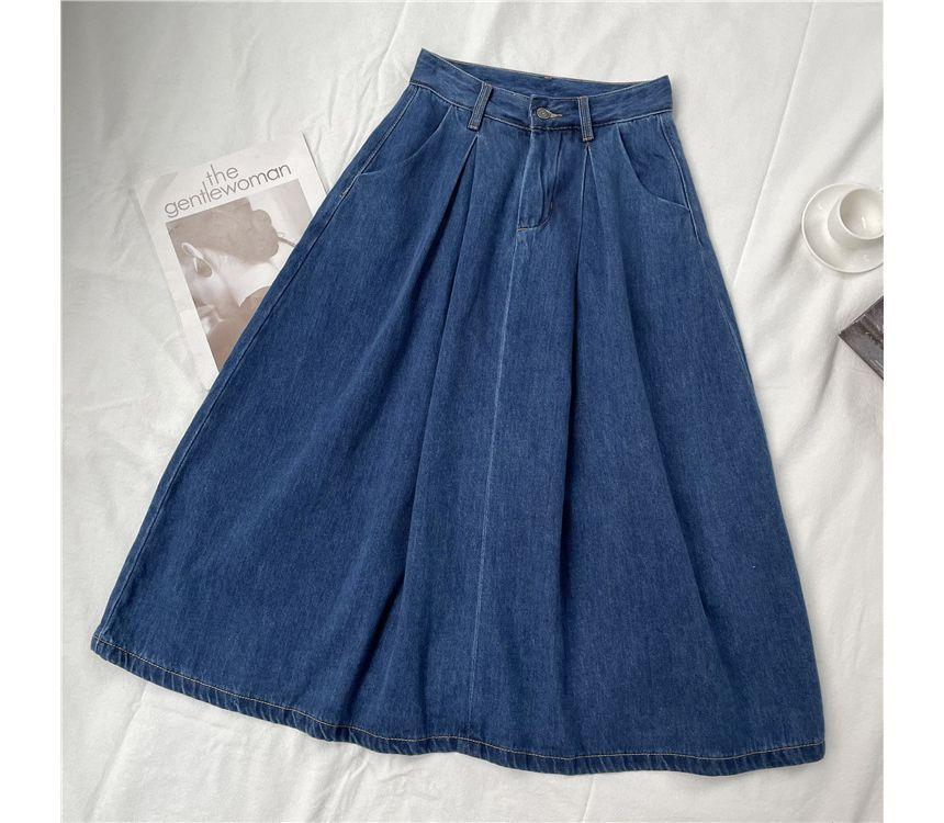 High Waist Washed Midi A-Line Denim Skirt Product Image