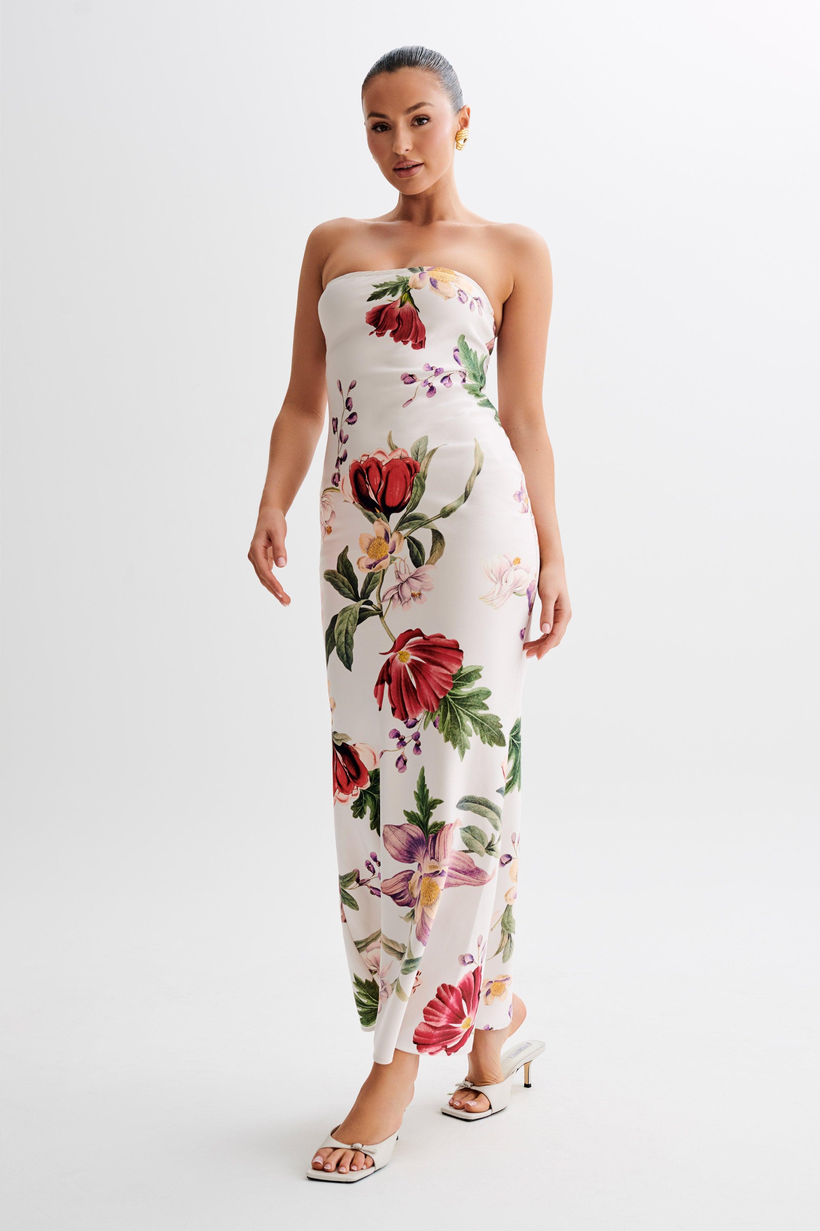 Claudette Strapless Satin Maxi Dress - Bella Rosa Print Product Image