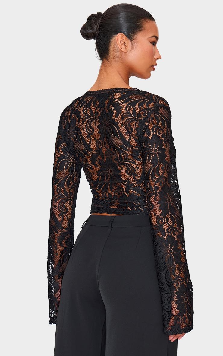 Black Lace Plunge Flared Sleeve Long Top Product Image