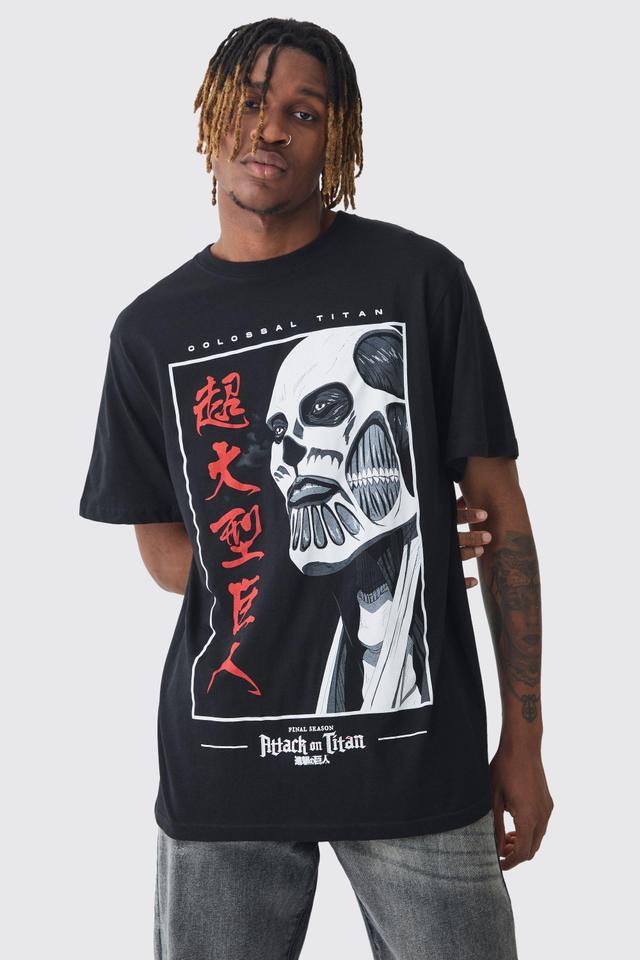 Tall Attack On Titan Anime Printed Licensed T-shirt In Black | boohooMAN USA Product Image