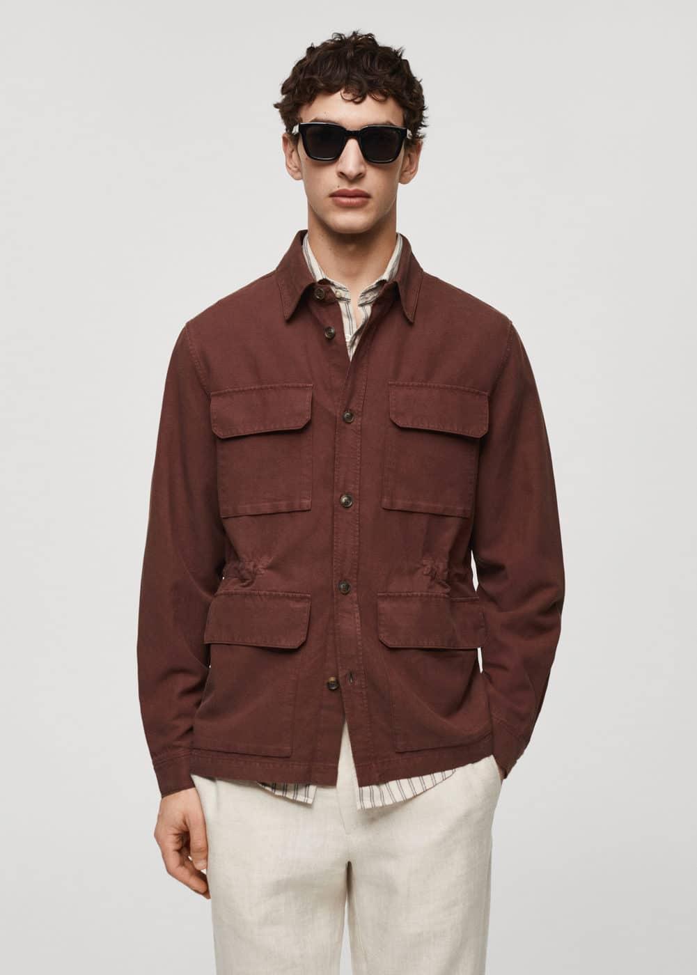 MANGO MAN - Linen overshirt with pockets burgundyMen Product Image