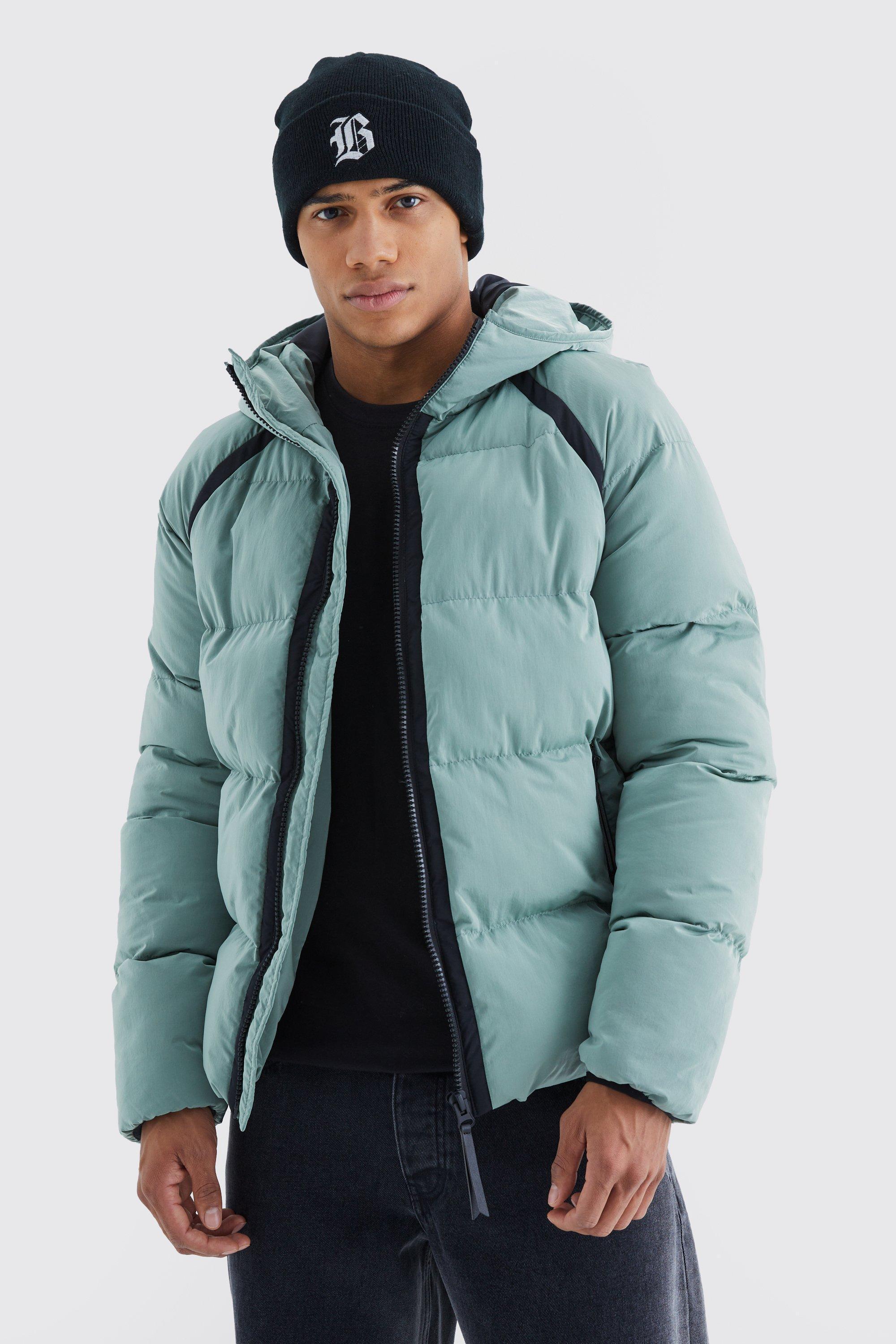 Mens Green Crinkle Hooded Puffer, Green product image