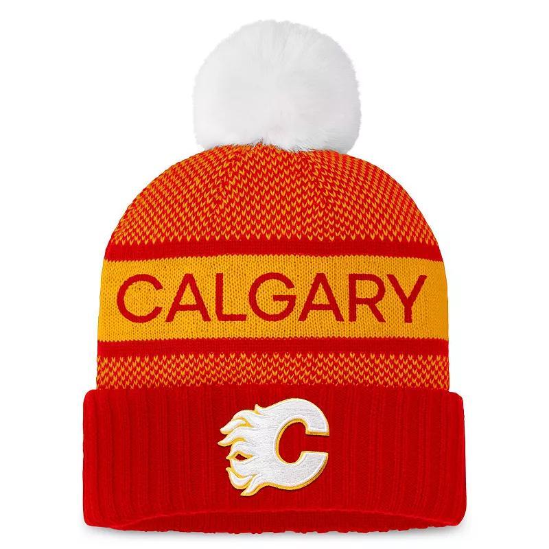 Womens Fanatics Branded Red/Yellow Calgary Flames Authentic Pro Rink Cuffed Knit Hat with Pom Product Image