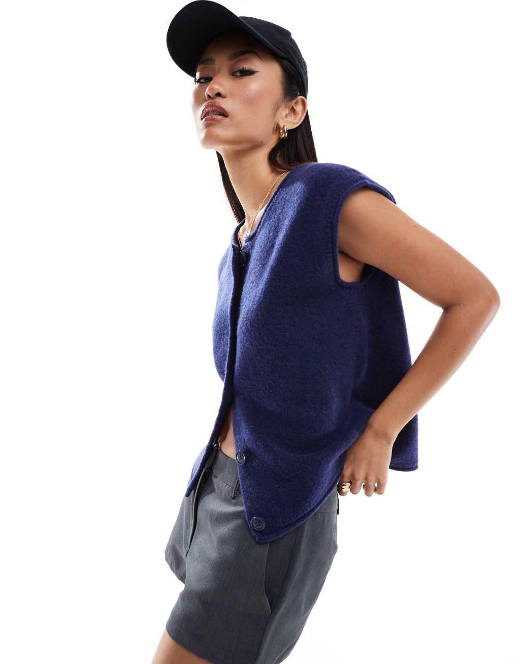 ASOS DESIGN knitted crew neck boxy vest in navy Product Image