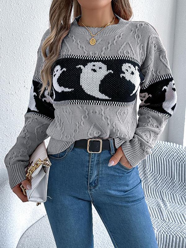 Long Sleeves Loose Contrast Color Split-Joint Round-Neck Pullovers Sweater Tops Product Image