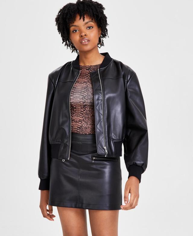 Bar Iii Womens Faux-Leather Zip-Front Bomber Jacket, Created for Macys Product Image