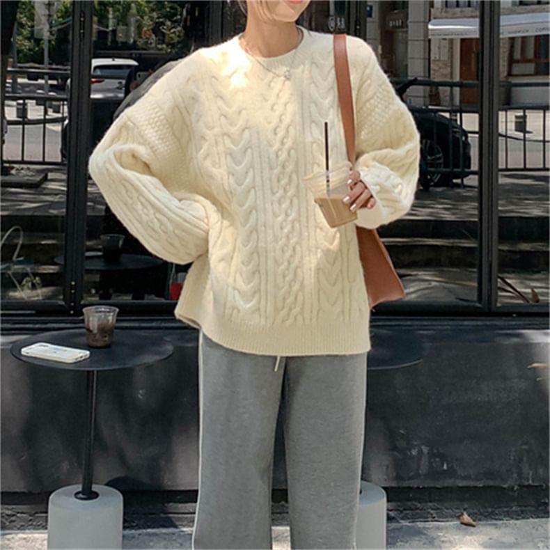 Round Neck Plain Cable-Knit Sweater Product Image