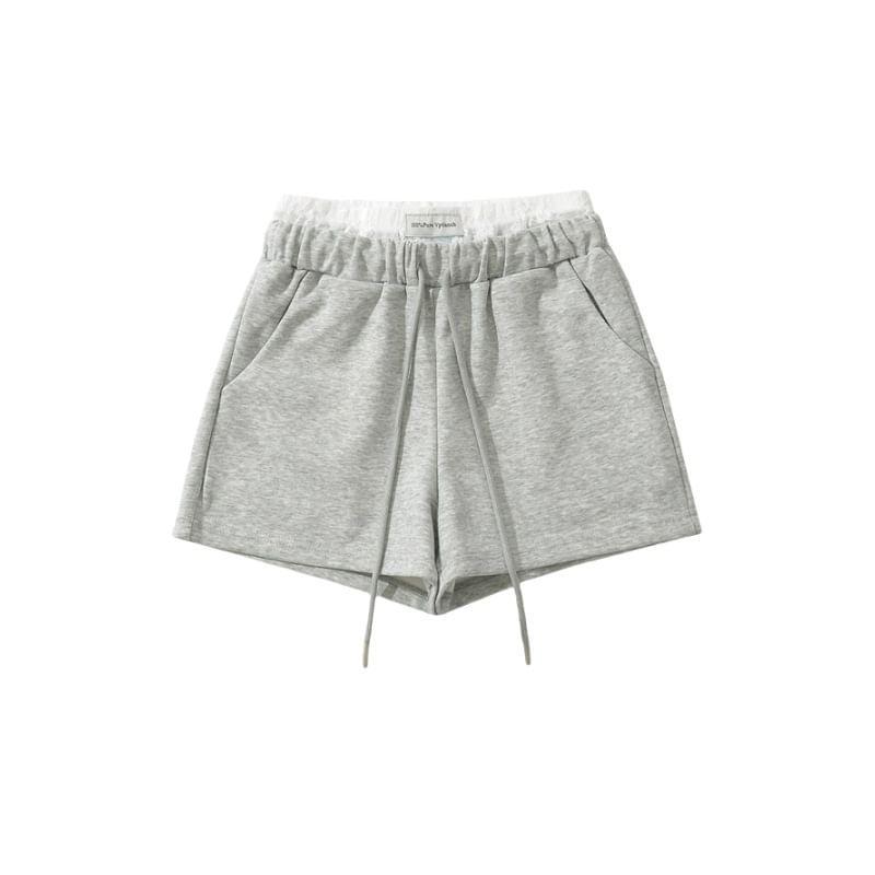 Drawstring Waist Applique Lace Trim Sweat Shorts Product Image