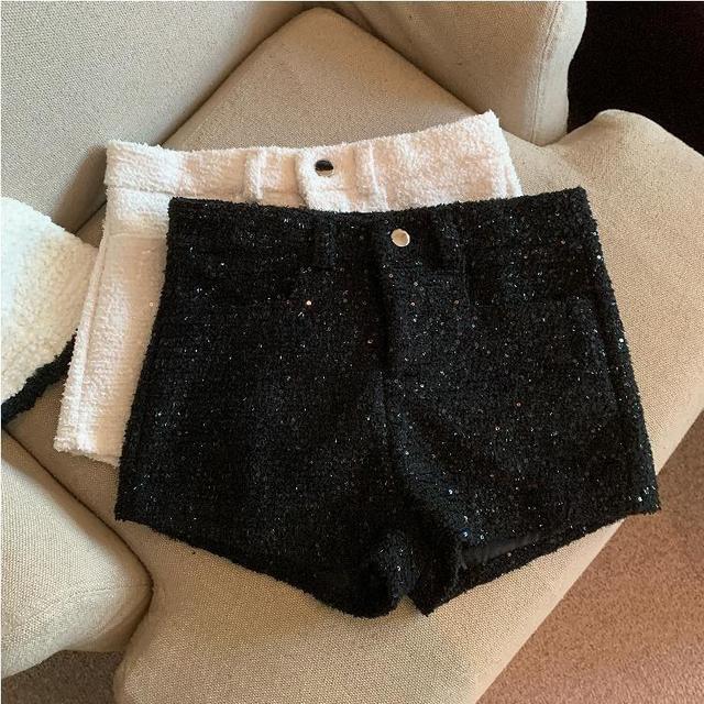 High Waist Plain Sequin Shorts Product Image