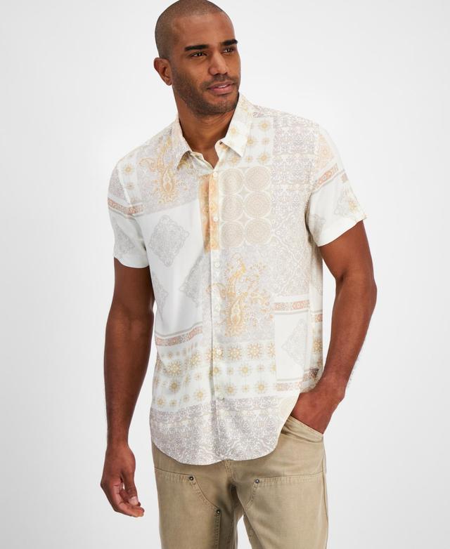 Guess Mens Short Sleeve Button-Front Patchwork Print Shirt Product Image