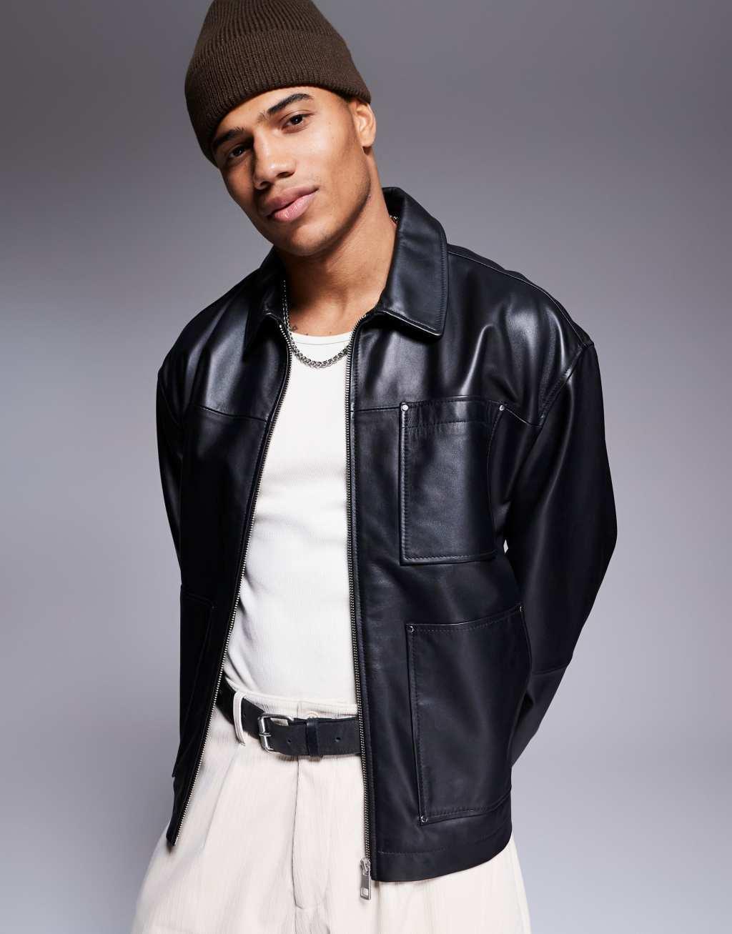 ASOS DESIGN premium real leather oversized harrington jacket in black product image