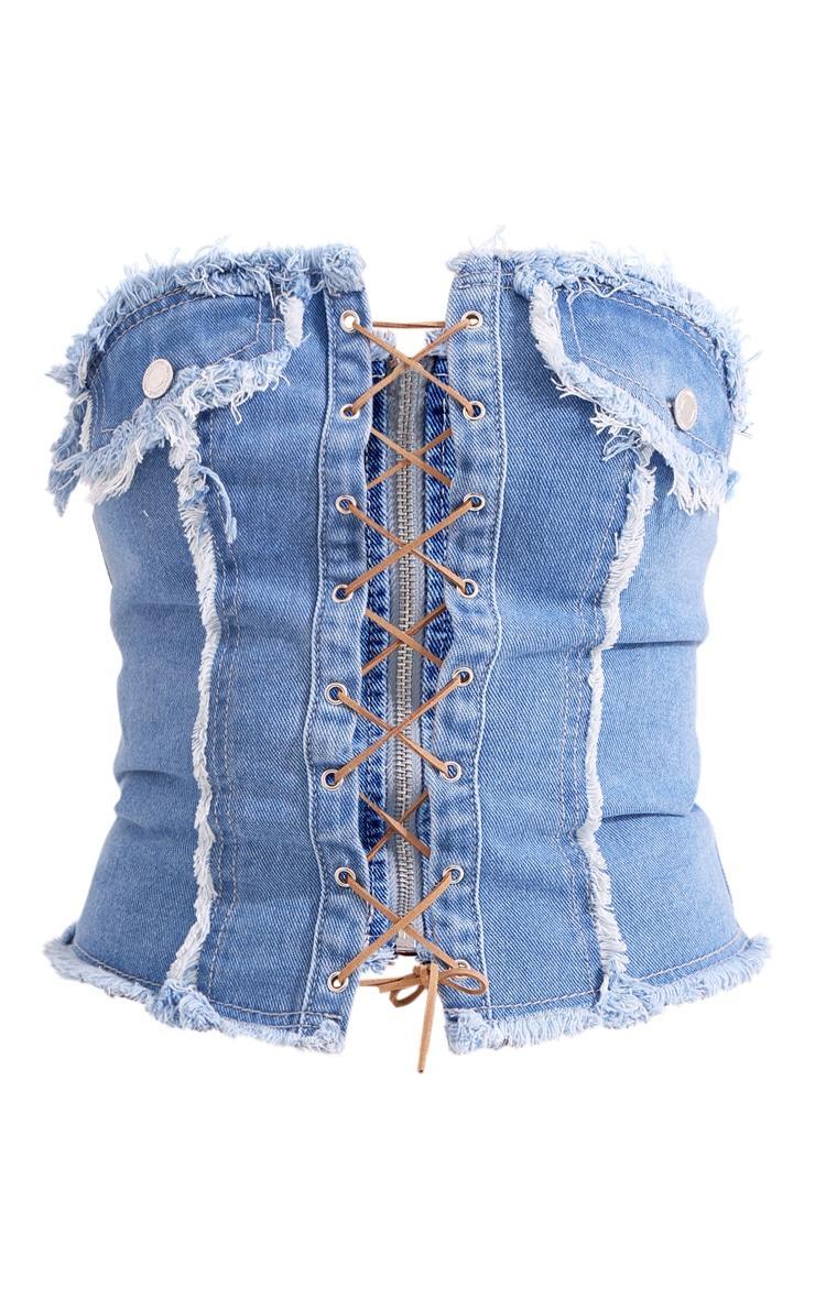 Mid Blue Wash Frayed Detail Lace Up Denim Corset Product Image