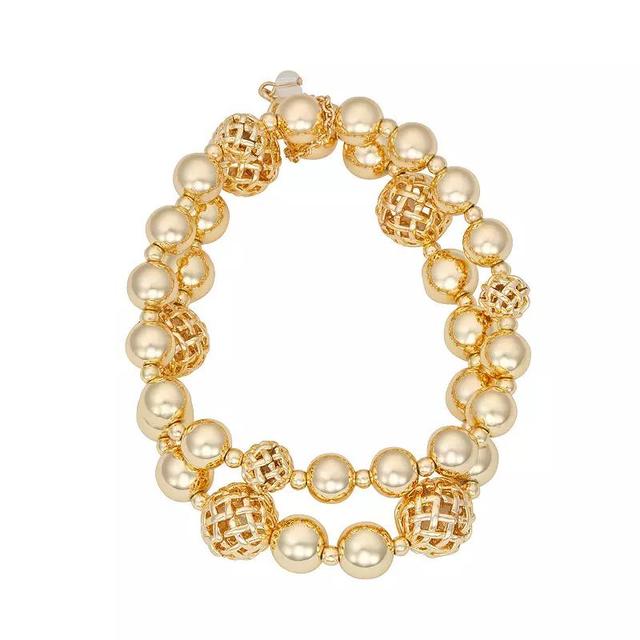 Napier Gold Tone Crisscross Pattern & Polished Beads Stretch Bracelets Duo Set, Womens Product Image