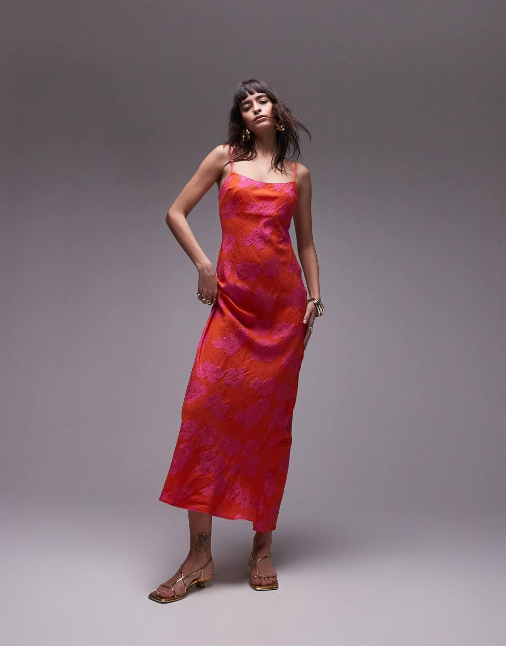 Topshop premium jacquard midi slip dress in pink and orange Product Image