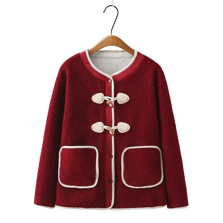 Plus Size Contrast Trim Fleece Toggle Jacket Product Image