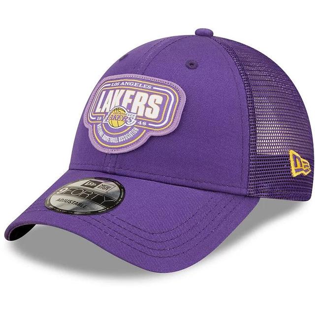 Mens New Era Los Angeles Lakers Team Logo Patch 9FORTY Trucker Snapback Hat Product Image