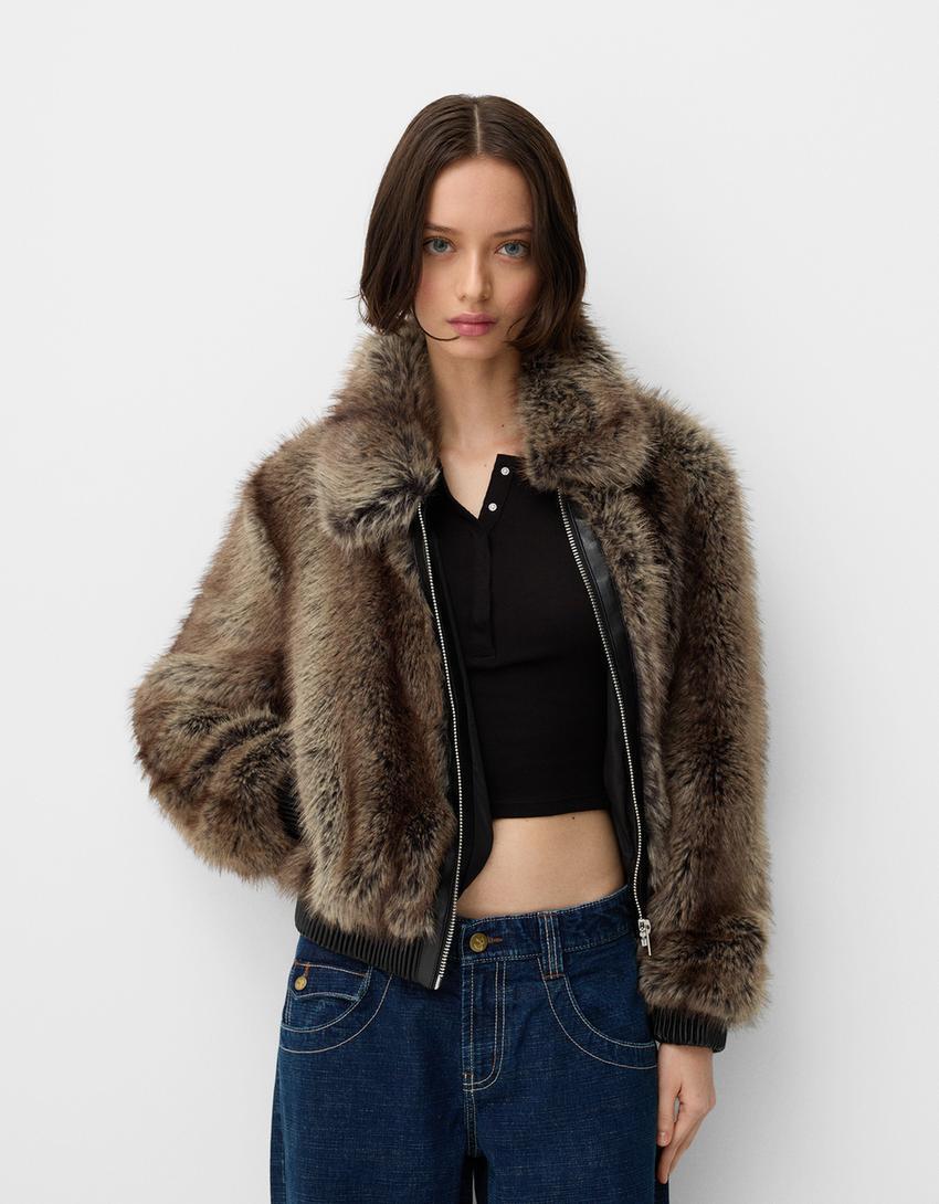 Faux fur jacket with contrast leather effect detail Product Image