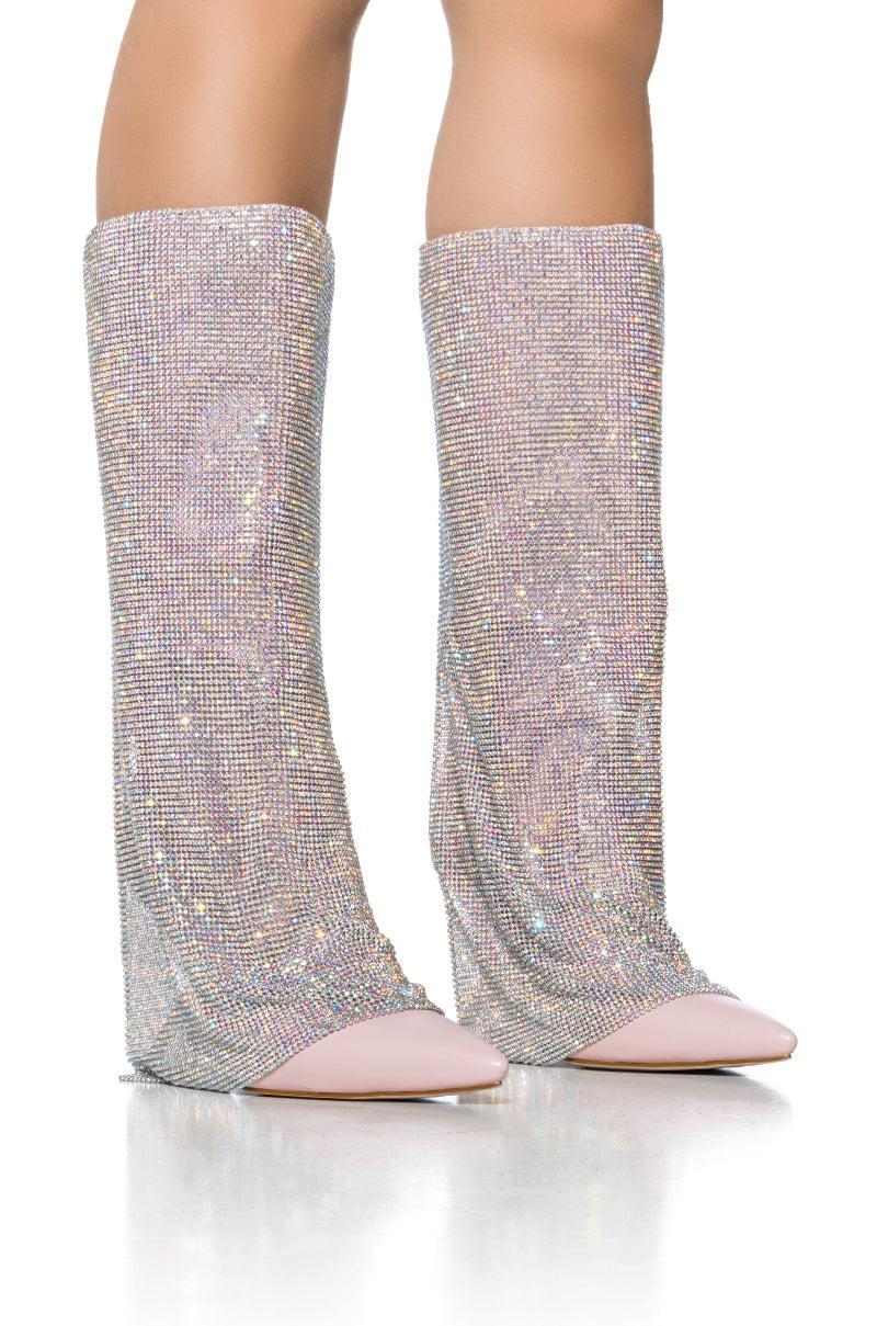 AZALEA WANG RHYANN RHINESTONE CHAINMAIL DRAPE BOOT IN PINK Product Image