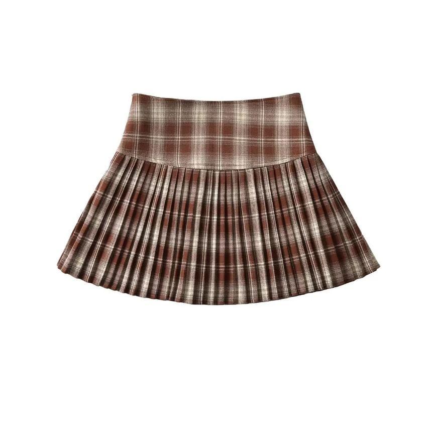 High Rise Plaid Mini Pleated Skirt Product Image