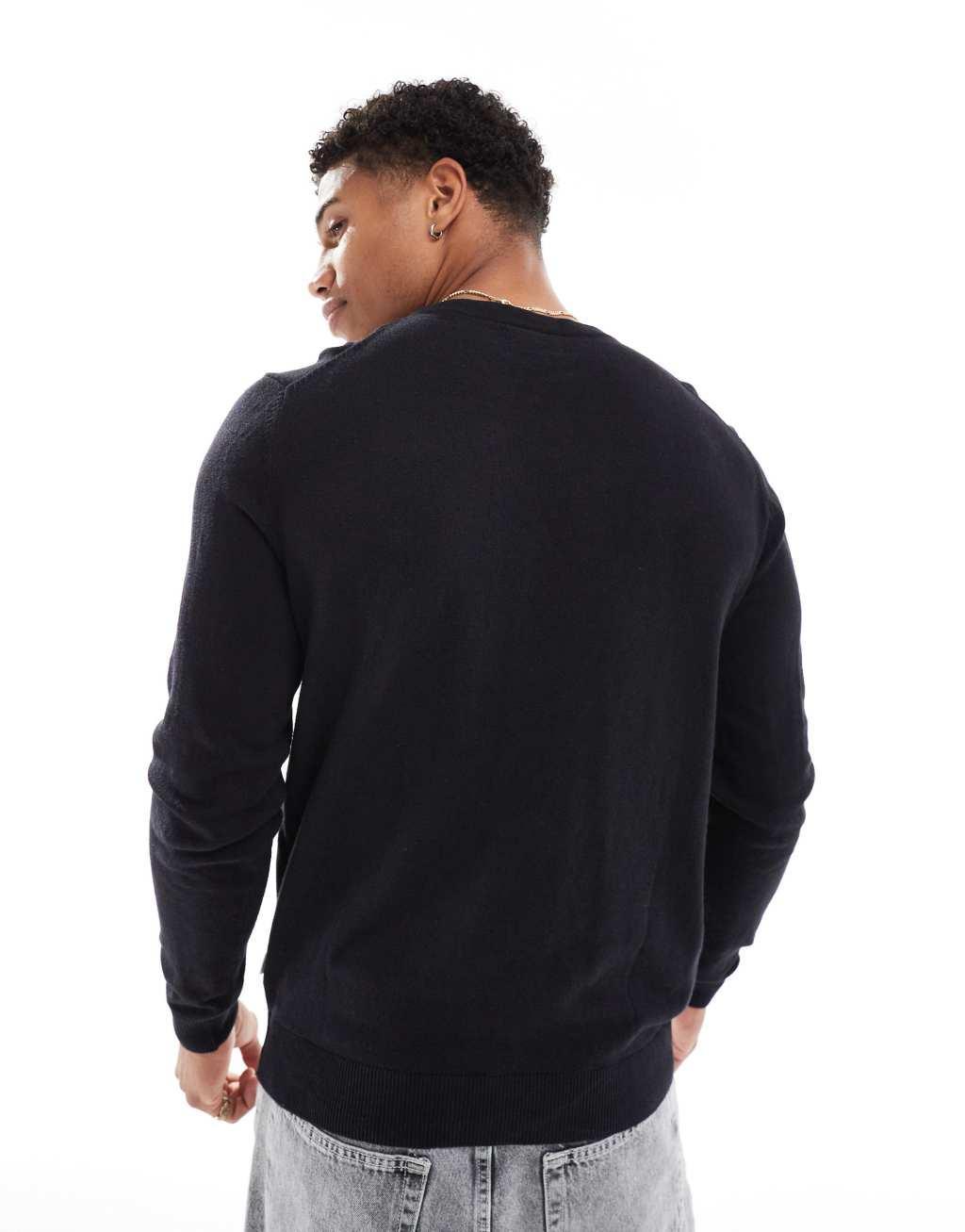 Jack & Jones fine gauge crew neck sweater in black Product Image