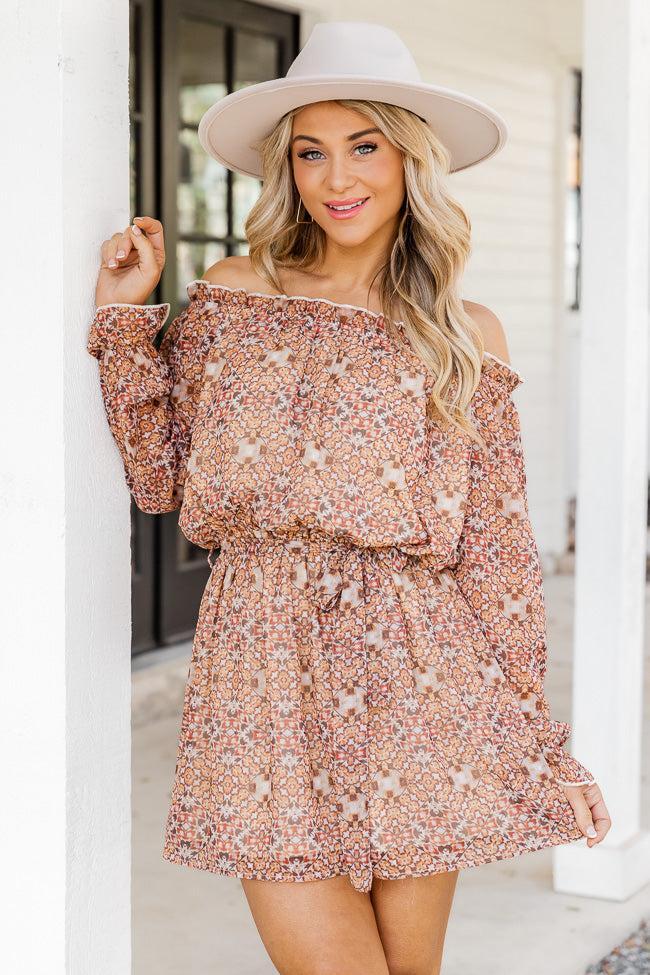 Humble And Kind Beige Floral Off The Shoulder Mini Dress FINAL SALE Product Image