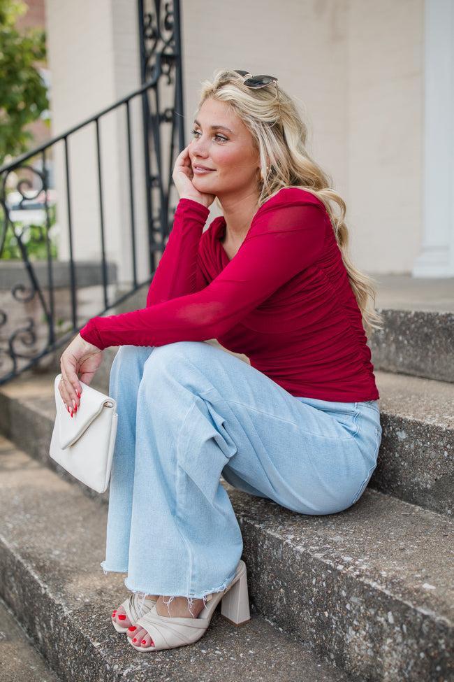 Forever Happy Red Mesh Overlay Off The Shoulder Top Product Image