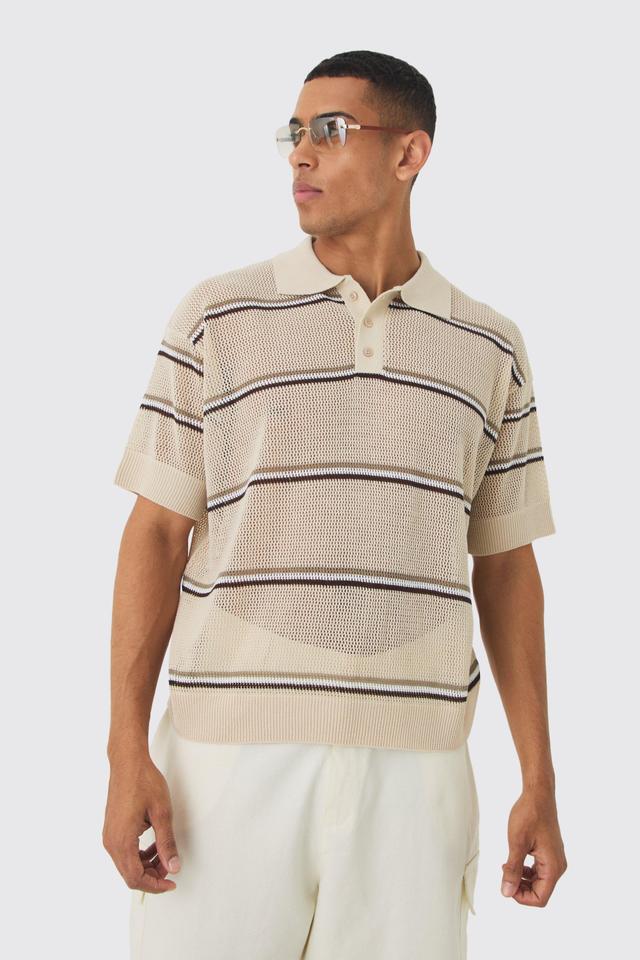 Oversized Boxy Open Stitch Stripe Polo | boohooMAN USA Product Image