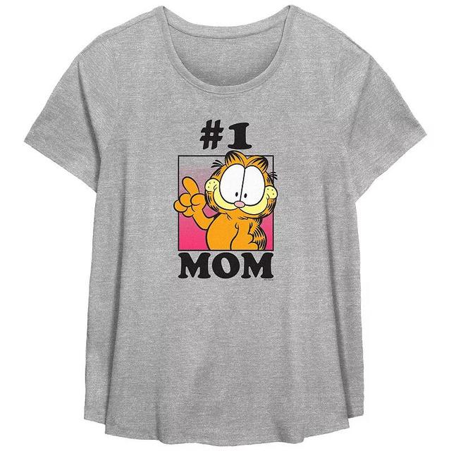 Plus Size Garfield #1 Mom Scoop Hem Flowy Graphic Tee, Womens Grey Gray Product Image