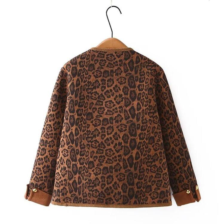 Plus Size Leopard Print Fleece-Lined Button Jacket Product Image