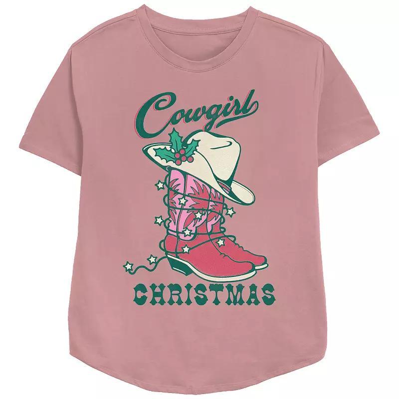 Womens Cowgirl Christmas Hat And Boots Relaxed Fit Graphic Tee Pink Product Image