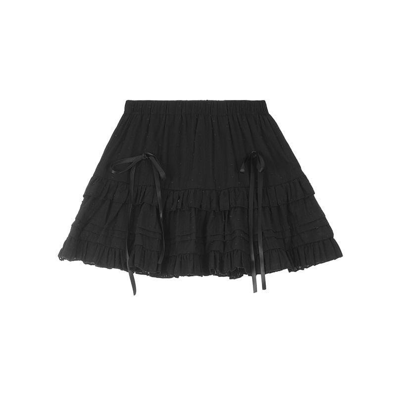 Balletcore High Waist Plain Bow Accent Ruffled Mini A-Line Skirt Product Image