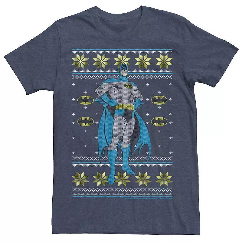 Mens DC Comics Batman Power Stance Christmas Sweater Style Tee Navy Grey Product Image