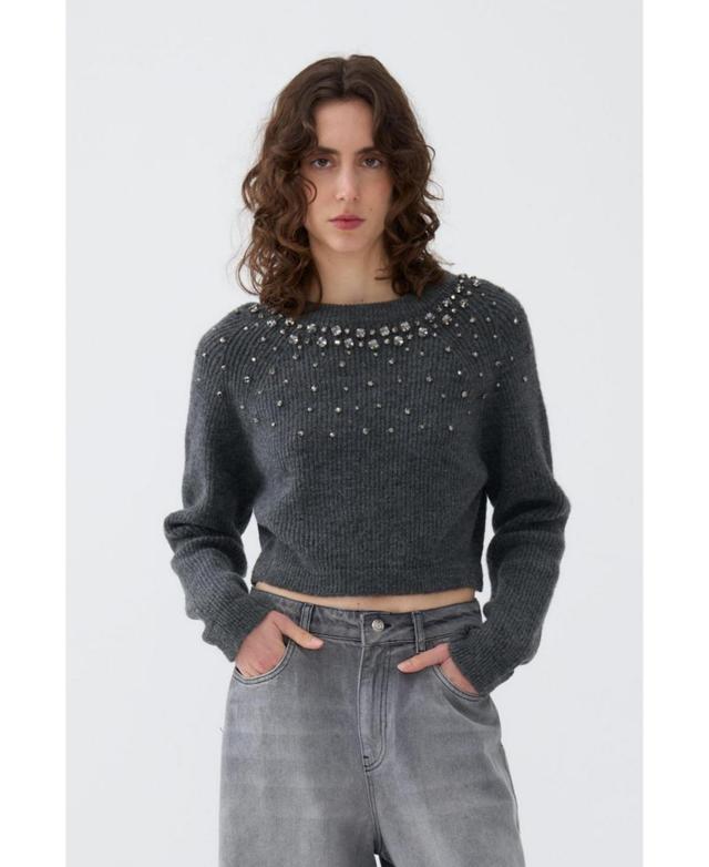 Nocturne Womens Stone Embellished Crop Sweater Product Image