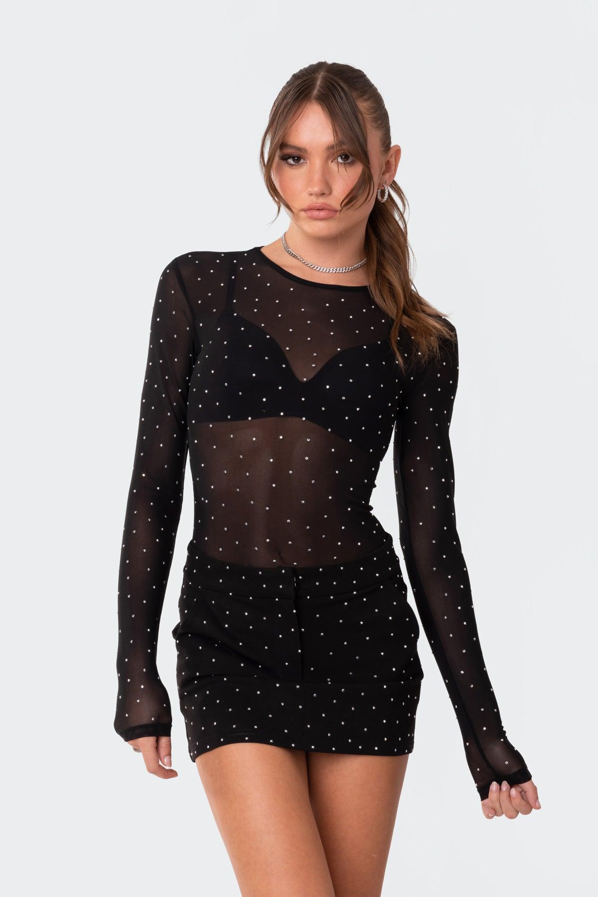 Bling Rhinestone Sheer Mesh Bodysuit Product Image