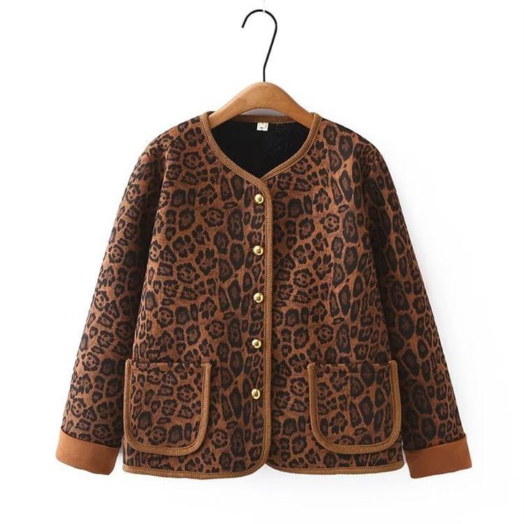 Plus Size Leopard Print Fleece-Lined Button Jacket Product Image