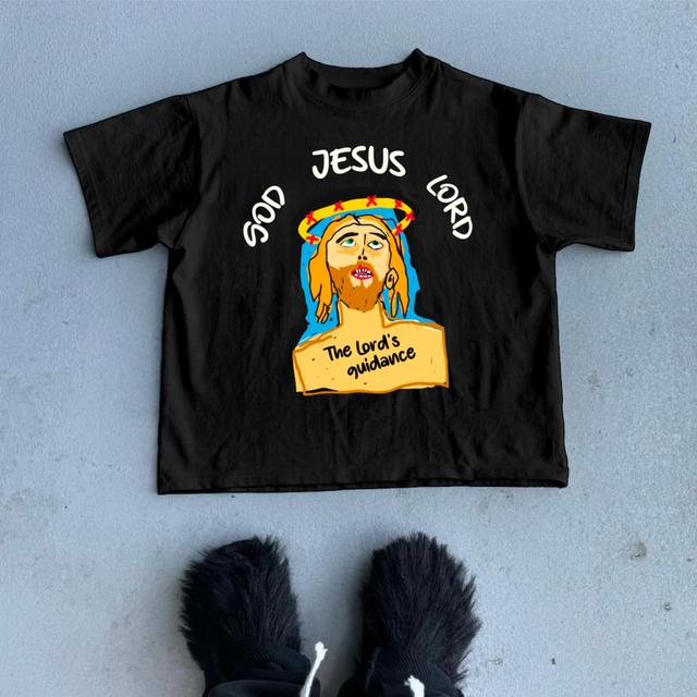 Christianity Jesus Cartoon Jesus - Guide Of The Lord - Printed Cartoon Pattern Cotton T-Shirt Product Image